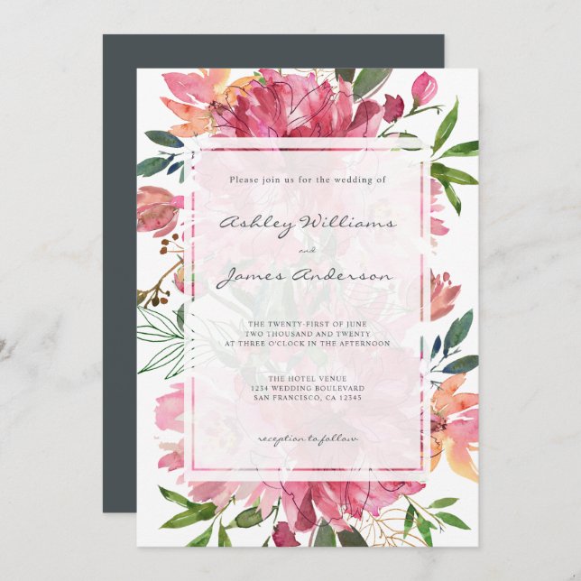 Invitation Chic Floral Botanique Boho Pink Peony Mariage (Devant / Derrière)