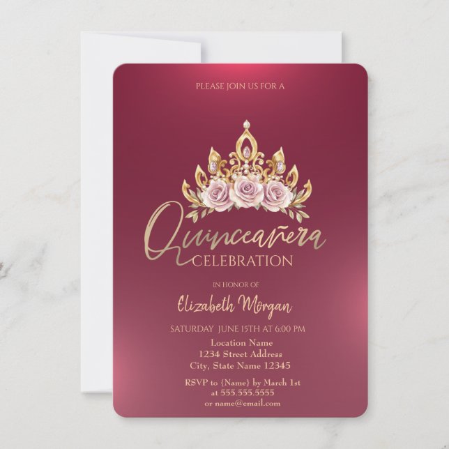 Invitation Chic Floral Couronne Bourgogne Quinceañera (Devant)