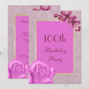 Invitation Chic floral et élégant damas 100e anniversaire