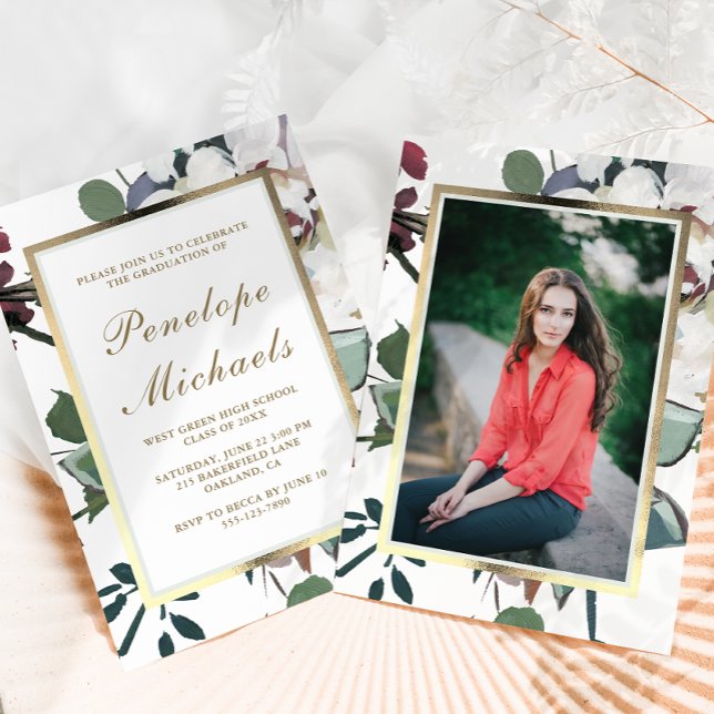 Invitation Chic Floral Frame Photo Graduation Party (Créateur téléchargé)