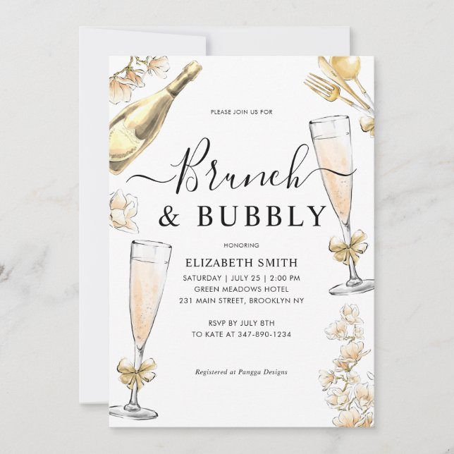 Invitation Chic Floral Gold Brunch et Fête des mariées Bubbly (Devant)