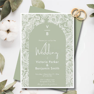 Invitation Chic Floral Line Boho Arch Monogram Sage Mariage