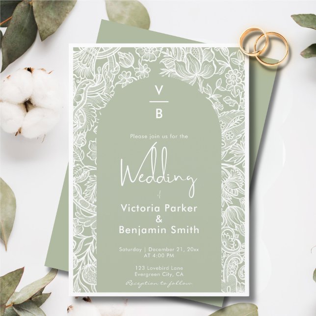 Invitation Chic Floral Line Boho Arch Monogram Sage Mariage (Chic Floral Line Boho Arch Monogram Sage Wedding Invitation)