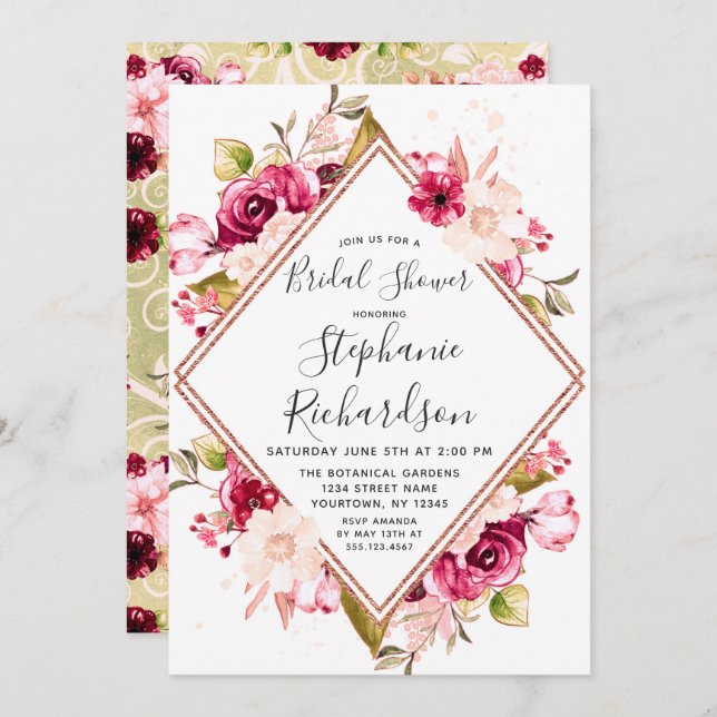 Invitation Chic Floral & Rose Gold (Devant / Derrière)