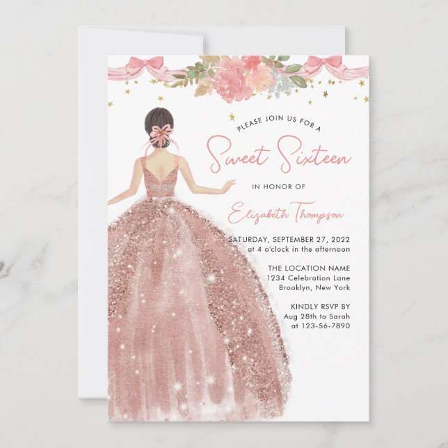 Invitation Chic Floral Rose or robe douce 16 Anniversaire (Devant)