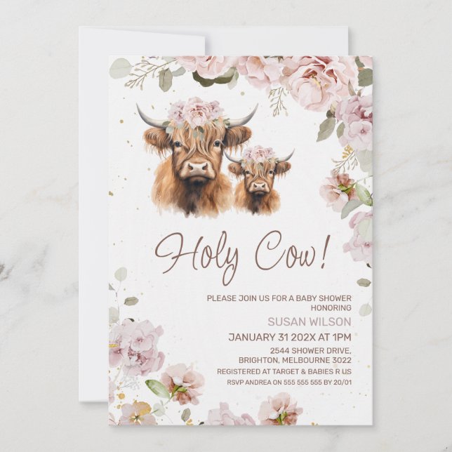 Invitation Chic Floral Saint Vache Highland Baby shower de va (Devant)