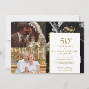 Invitation Chic Floral Then And Now 50e Anniversaire 2 Photo