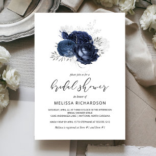 Invitation Chic Floral Vintage Bleu Nuit Argent Enterrement d