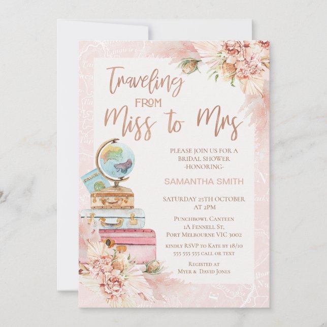 Invitation Chic Floral Voyager Mlle à Mme Fête des mariées (Devant)