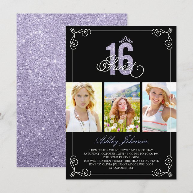 Invitation Chic Flourish Glam Sweet 16 Photo Anniversaire (Devant / Derrière)