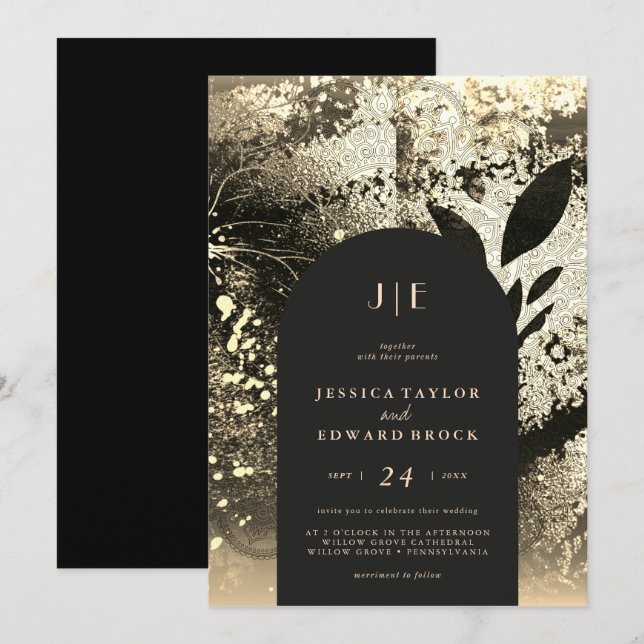 Invitation Chic Foil Faux Gold Botanical Abstrait Mariage (Devant / Derrière)