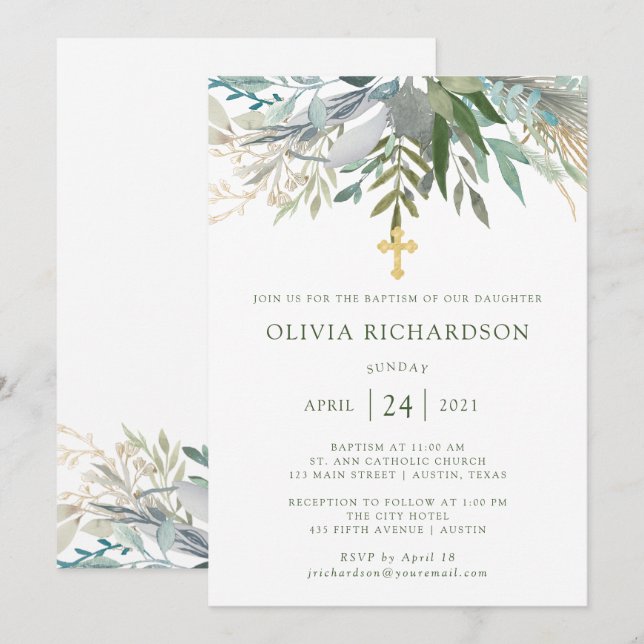 Invitation Chic Foliage | Baptême avec Croix d'or (Devant / Derrière)