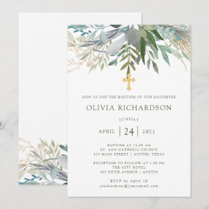 Invitation Chic Foliage  Baptême avec Croix d'Or