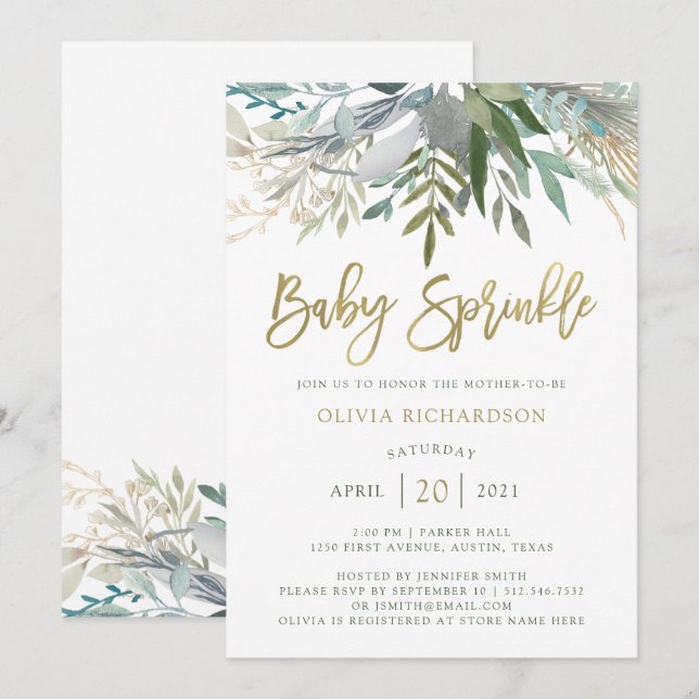 Invitation Chic Foliage| Bébé saupoudré avec un script d'or F (Devant / Derrière)