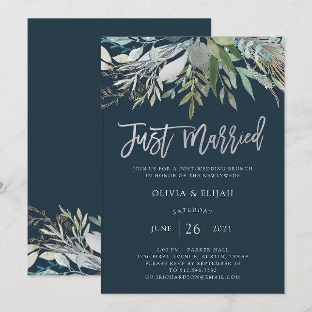 Invitation Chic Foliage | Bleu foncé juste marié (Devant / Derrière)