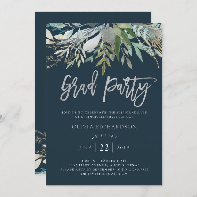 Invitation Chic Foliage | Script Argent de la fête de graduat (Devant / Derrière)