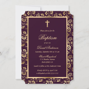 Invitation Chic foncé violet or croix Script floral Baptême
