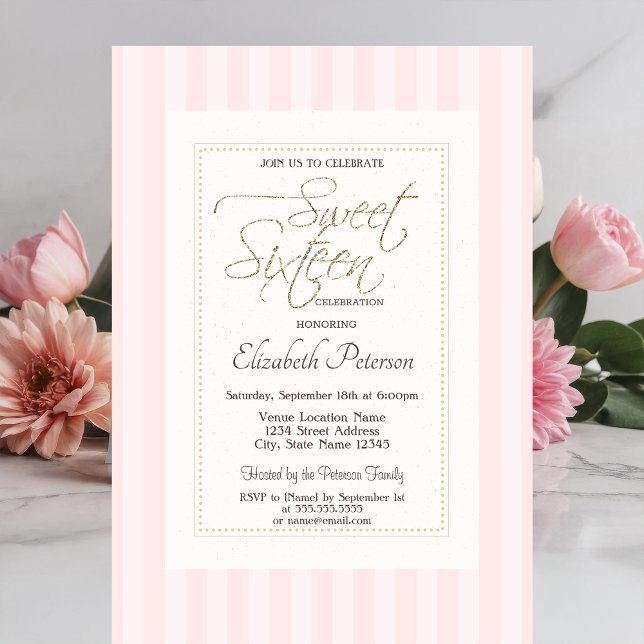 Invitation Chic Frame rose rayé Sweet 16 (Créateur téléchargé)