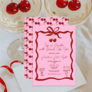 Invitation Chic Galentine's Day Bow rose et cerise rouge