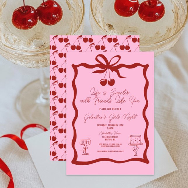 Invitation Chic Galentine's Day Bow rose et cerise rouge (Life is Sweeter with Friends Like You Galentine's Day Brunch Invitation, Girls Night Out, Valentines)