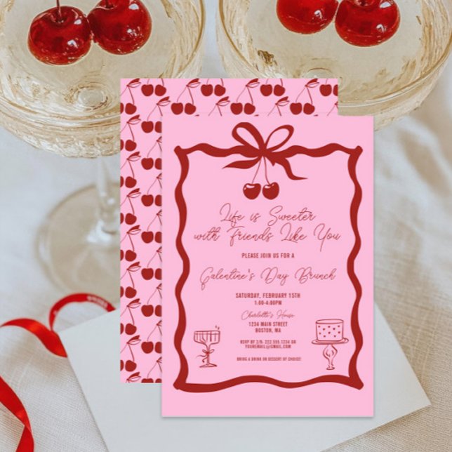 Invitation Chic Galentine's Day Bow rose et cerise rouge (Life is Sweeter with Friends Like You Galentine's Day Brunch Invitation, Girls Night Out, Valentines)