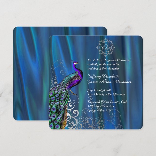 Invitation Chic Ganesha 2 Satin Bleu et Mariage Peacock (Devant / Derrière)