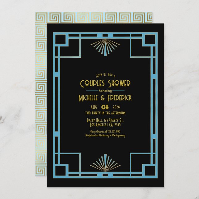 Invitation Chic Gatsby Art Deco Blue & Gold Couples Shower (Devant / Derrière)
