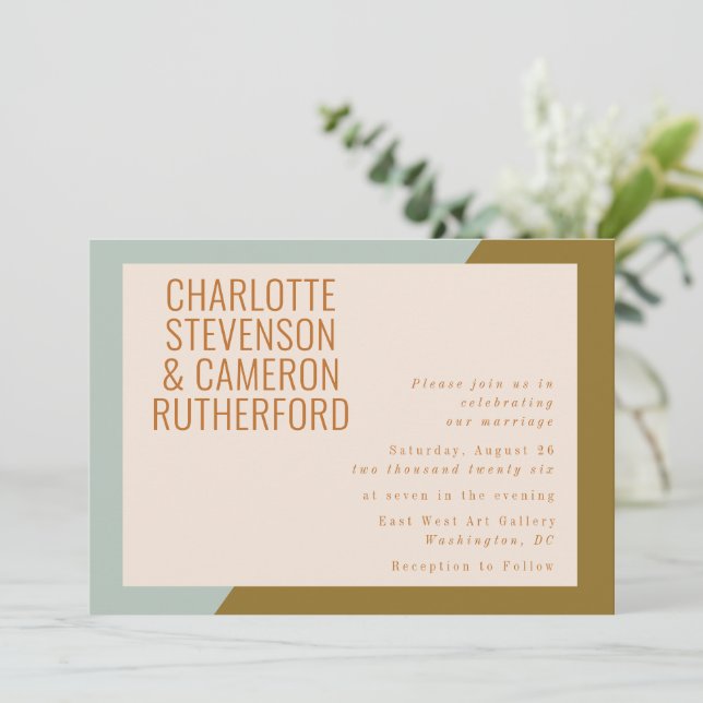 Invitation Chic Géométrique Bleu clair et Mariage d'olive (Debout devant)