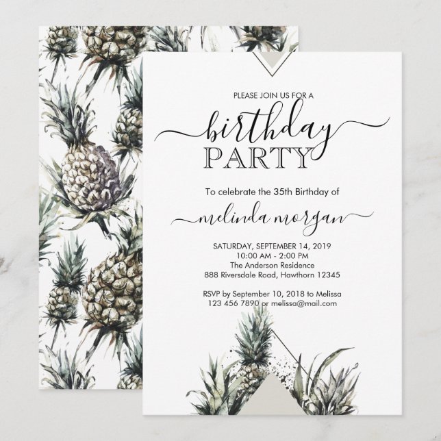 Invitation Chic Géométrique Pinpomme tropical adulte annivers (Devant / Derrière)