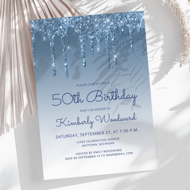 Invitation Chic Glitter Drip Blue 50th Birthday (Créateur téléchargé)
