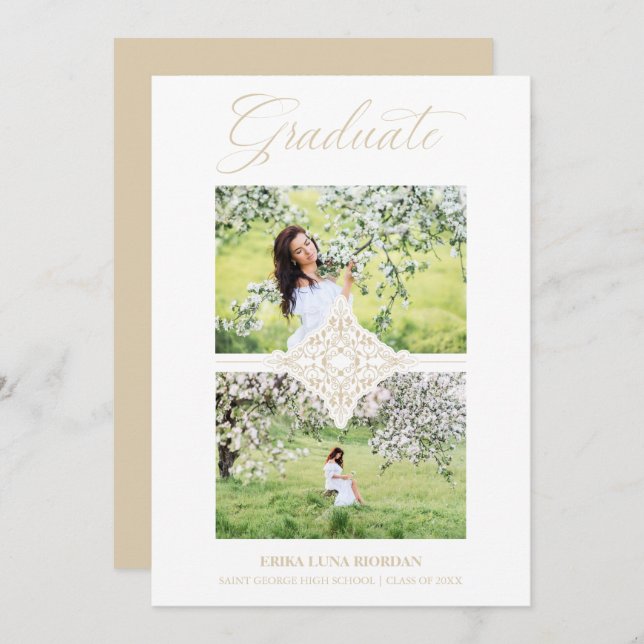 Invitation Chic Gold 2 Photos Ornament Sophisticated Graduate (Devant / Derrière)
