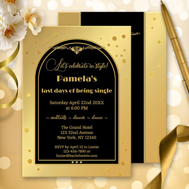 Invitation Chic Gold Black Confetti Bachelorette Party (A classic gold and black bachelorette party invitation with sparkling gold confetti.)