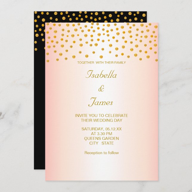 Invitation Chic Gold Confetti sur Black & Rose Gold (Devant / Derrière)
