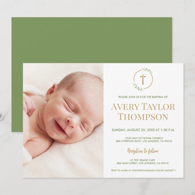 Invitation Chic Gold Cross Aquarelle personnalisée Photo Bapt (Devant / Derrière)