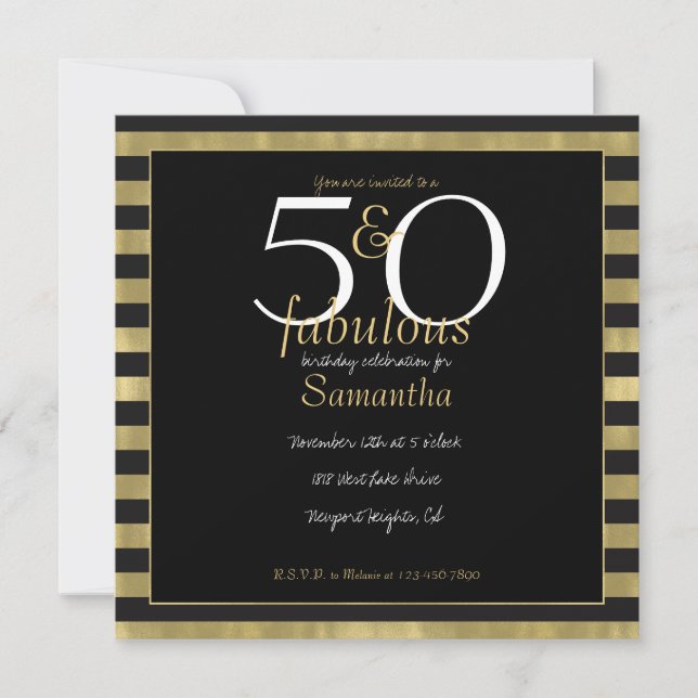 Invitation Chic Gold et Black Stripes 50 et Fabulous (Devant)