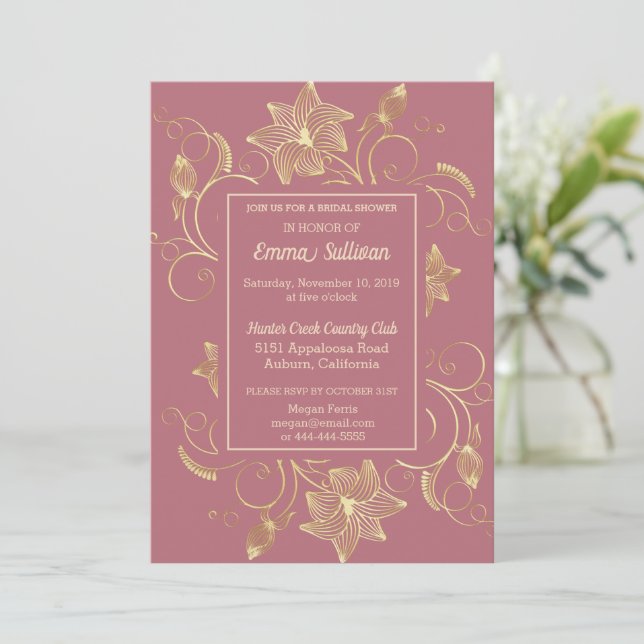 Invitation Chic Gold Flowers Douche nuptiale (Debout devant)
