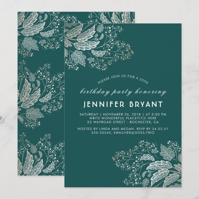 Invitation Chic Gold Foliage Turquoise Élégante fête d'annive (Devant / Derrière)