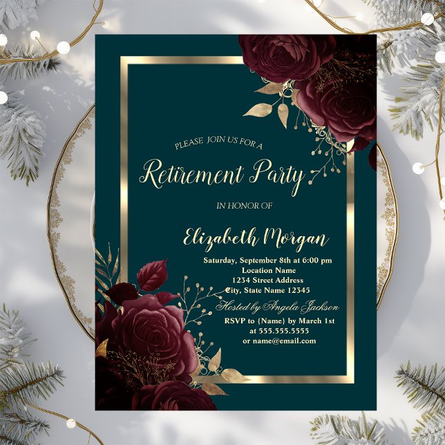 Invitation Chic Gold Frame Bourgogne Rose Green Retirement (Créateur téléchargé)