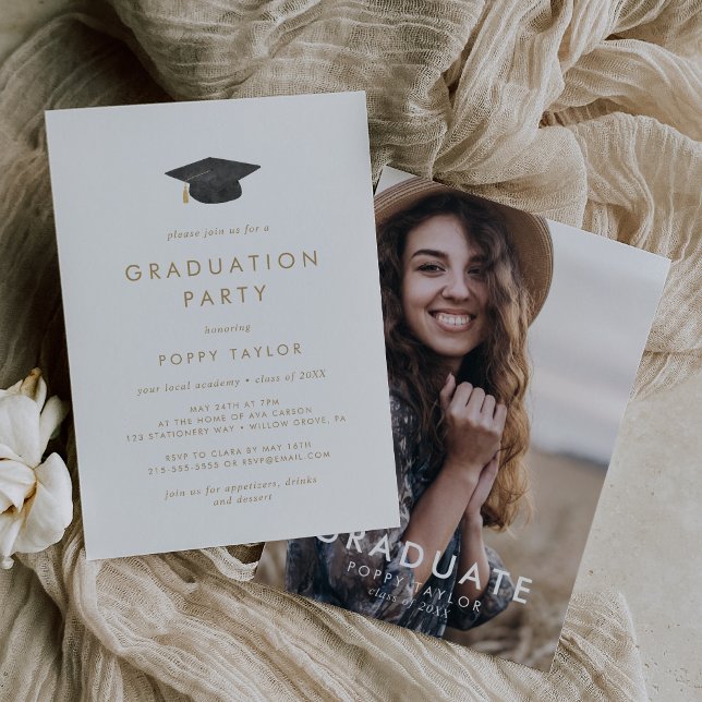 Invitation Chic Gold Grad Casquette Photo Graduation Party (Créateur téléchargé)