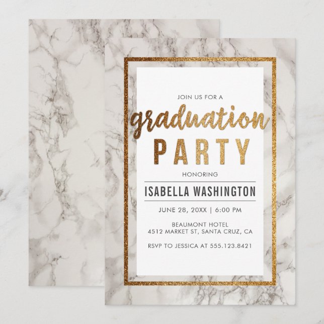 Invitation Chic Gold & Marble Typographie Partie de graduatio (Devant / Derrière)