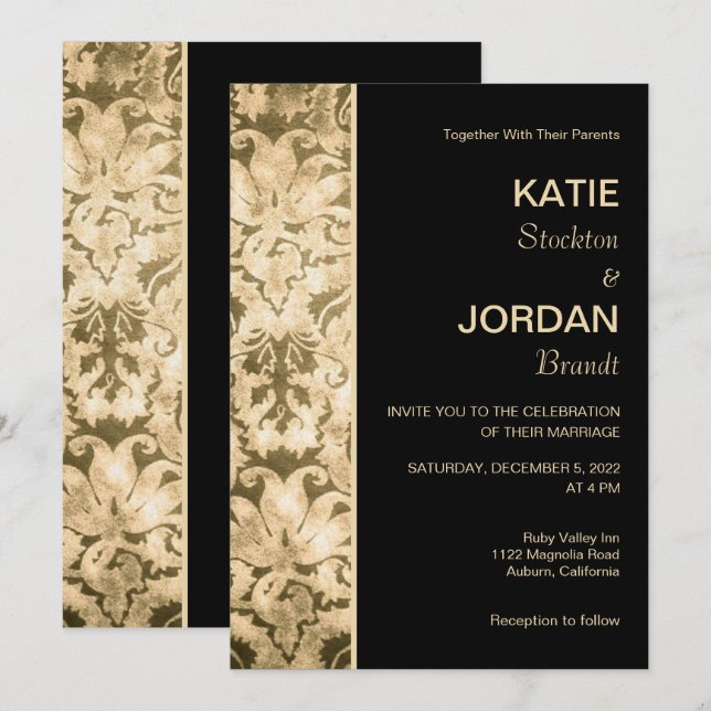 Invitation Chic Gold Mariage damassé (Devant / Derrière)