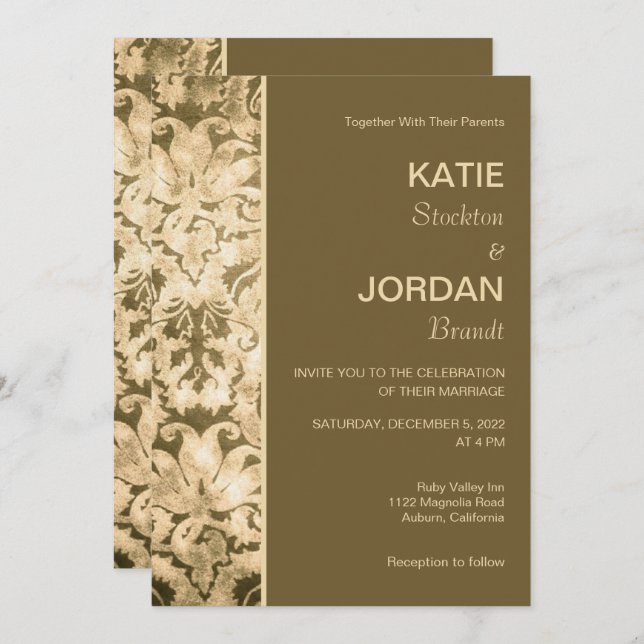 Invitation Chic Gold Mariage damassé (Devant / Derrière)