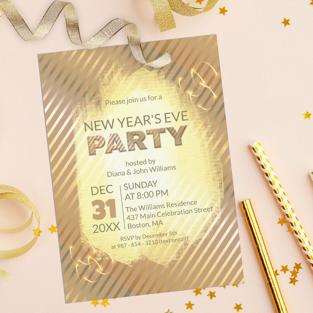 Invitation Chic Gold Metallic Stripes Soirée du Nouvel An (Créateur téléchargé)