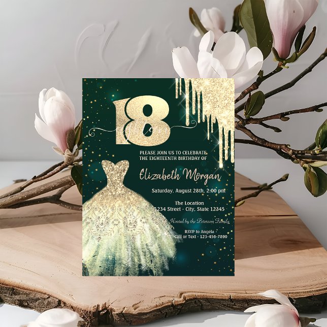Invitation Chic Gold Parties scintillant Drips Robe Vert 18e  (Créateur téléchargé)