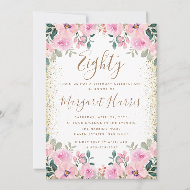 Invitation Chic Gold Parties scintillant rose florale 80e ann (Devant)