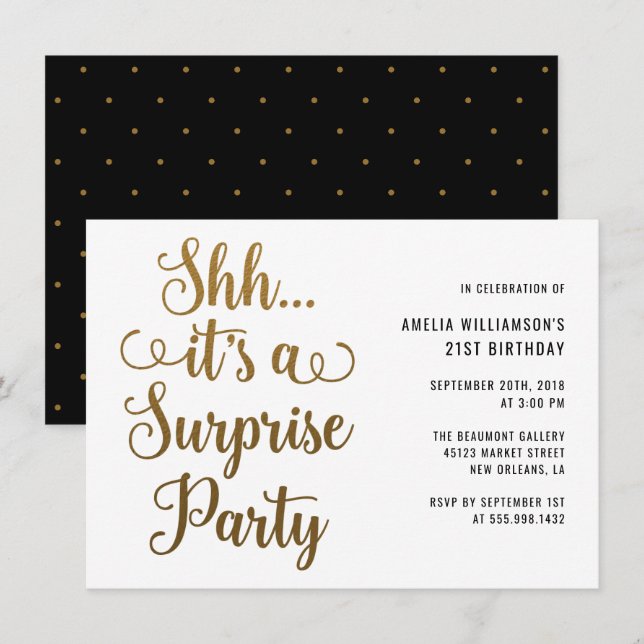 Invitation Chic Gold Shh... C'est une typographie de parti su (Devant / Derrière)