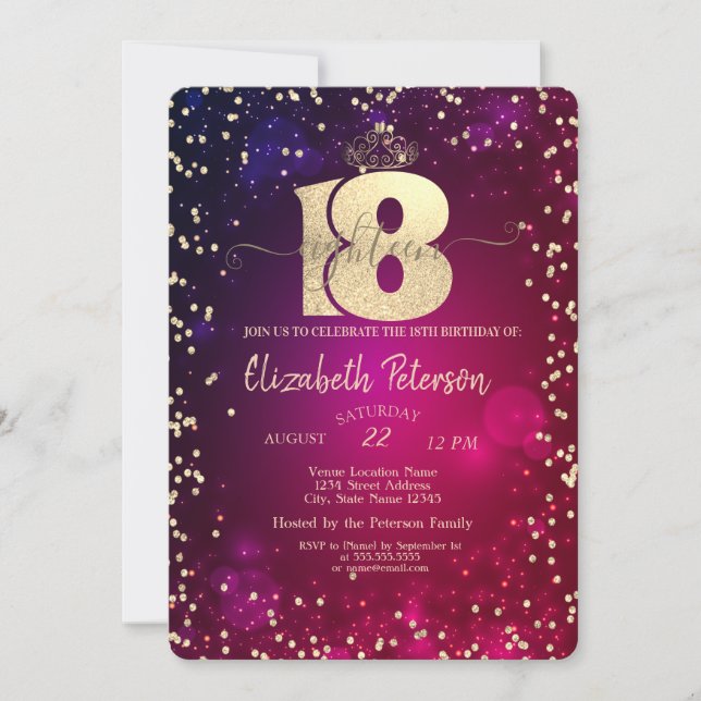 Invitation Chic Gold Tiara, Diamants 18ème Anniversaire (Devant)