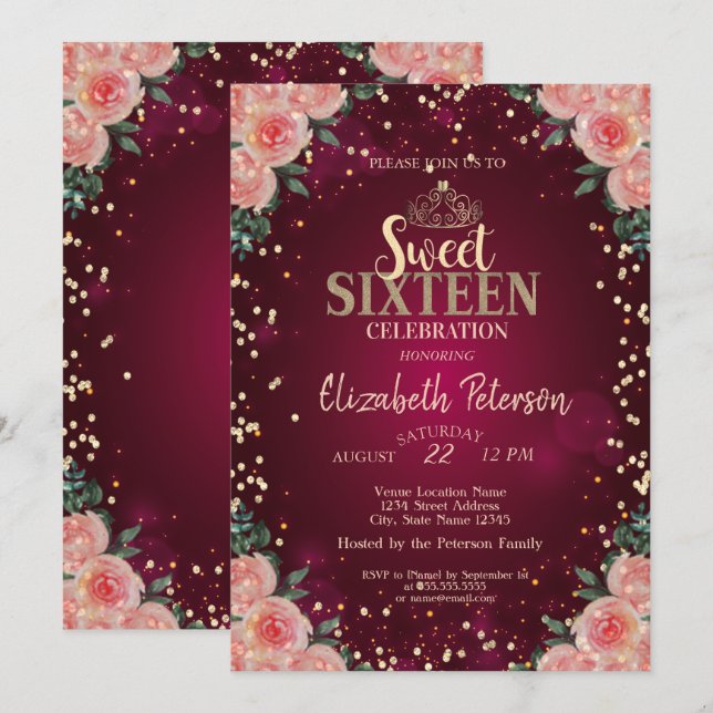 Invitation Chic Gold Tiara, Diamonds Bourgogne Floral Sweet 1 (Devant / Derrière)