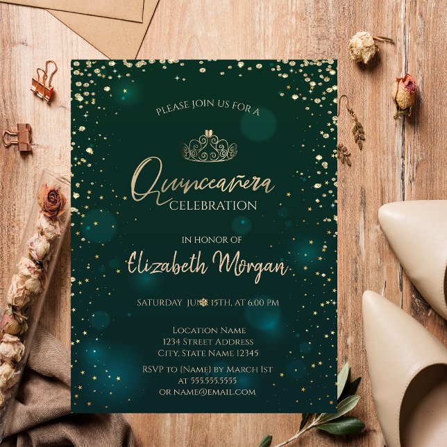 Invitation Chic Gold Tiara, Diamonds Green Quinceañera (Créateur téléchargé)