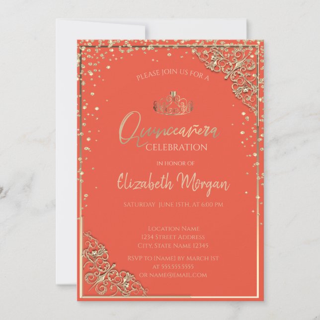 Invitation Chic Gold Tiara, Diamonds Orange Quinceañera (Devant)